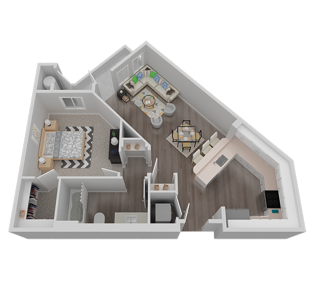 Floor plan for 1 bed, 1 bath, 714 sqft